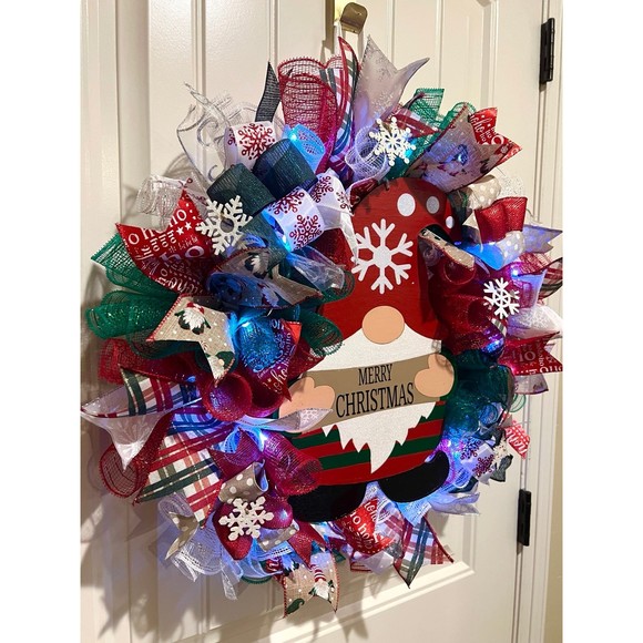Christmas Snowflake Gnome Holiday Ribbon Door Wreath Handmade 22 ins LED W10 - Picture 5 of 12